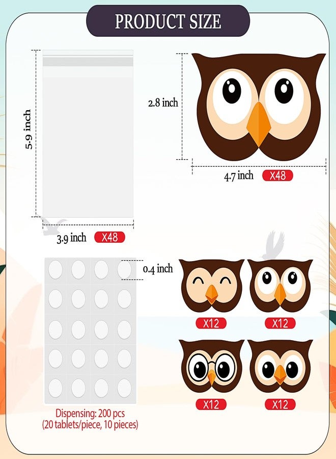 SilTriangle 48 Sets of Owl Party Cellophane Treat Bags with Owl Toppers Cellophane Bags for Thanksgiving Christmas Candy Gift Christmas Party Favor Decoration Supplies(Brown) - Image 2